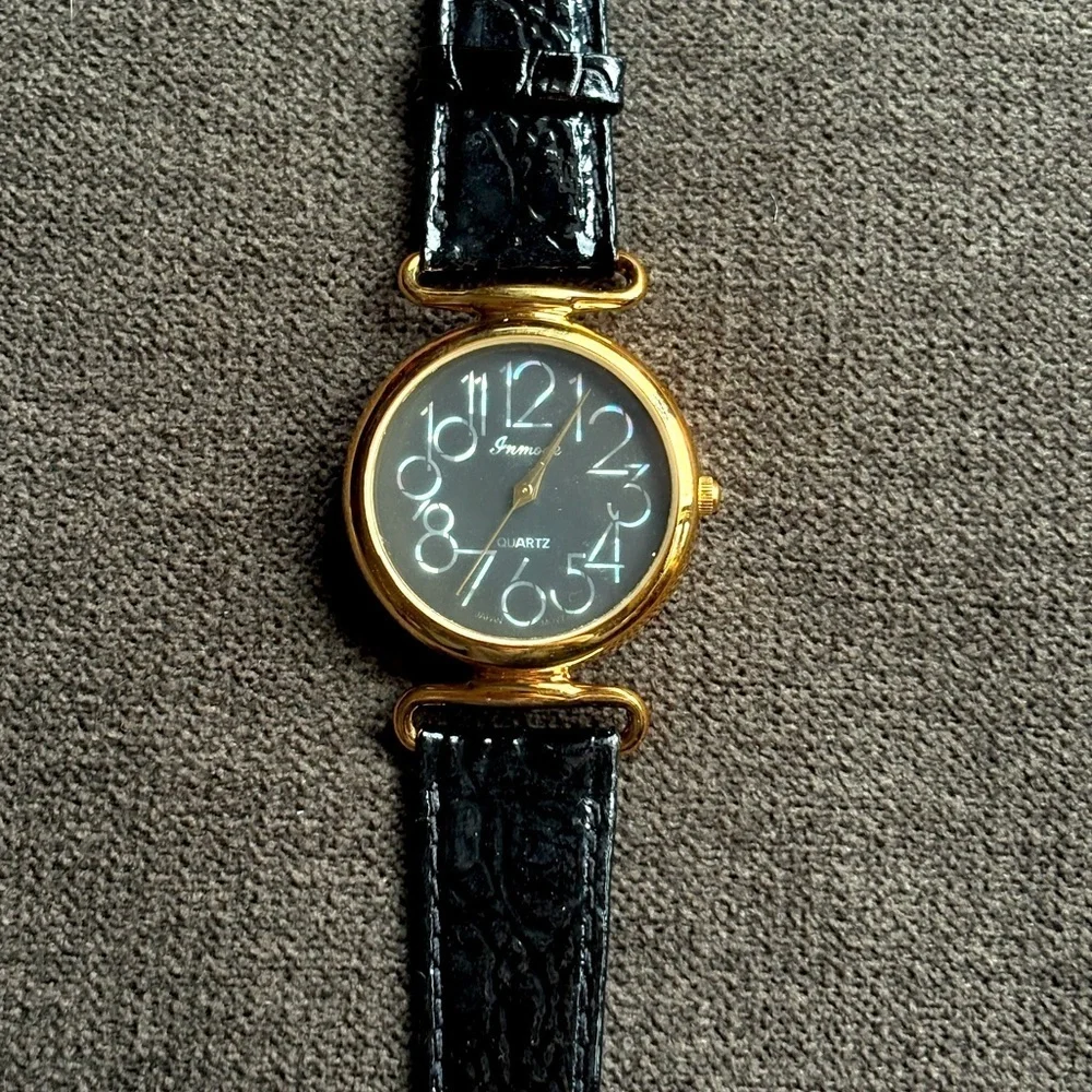 Vintage Inmode Watch Women 32mm Gold Tone Black Retro Dial Not Running